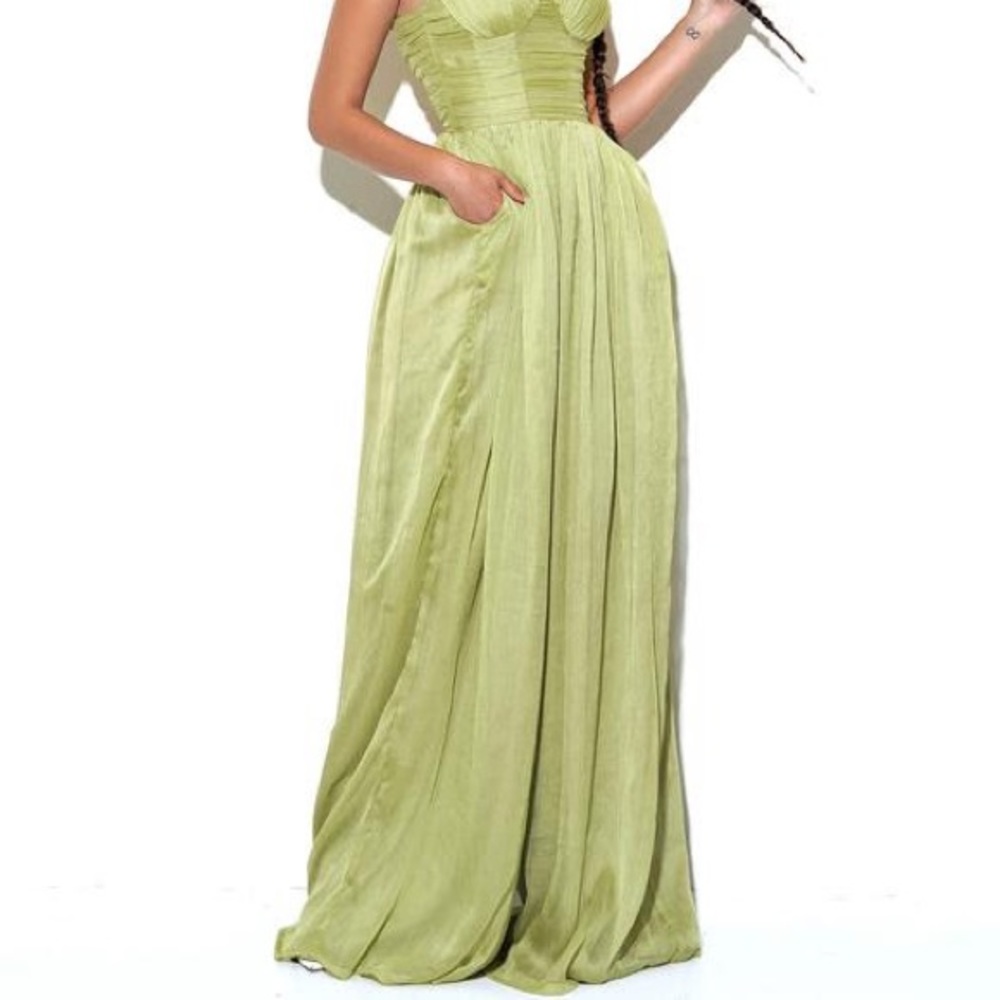 Carina Olive Green Silk Pleated Wide Leg Jumpsuit